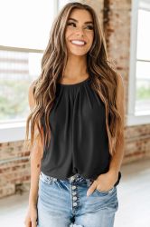 Black Pleated Round Neck Sleeveless Top