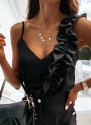 Women's Black Asymmetric Ruffled Strap Top