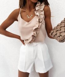 Women's Beige Asymmetric Ruffled Strap Top
