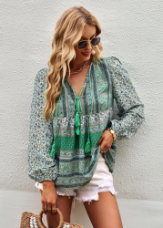 Green Floral Boho Tassel Blouse