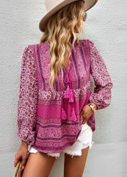 Pink Floral Boho Tassel Blouse