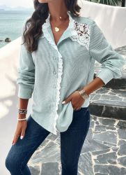Women's Green and White Striped Shirt with Broderie Accents