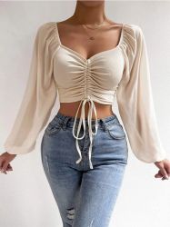 Cropped Long Sleeve Top with Front Drawstring and Square Neck