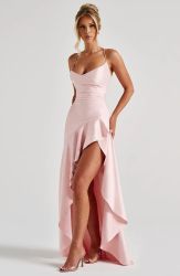 Elegant Satin Evening Dress with High Slit and Open Back