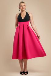 Elegant Contrast Midi Dress with Back Bow Detail
