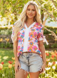 White Floral Colorblock Striped Edge V Neck Knotted Short Sleeve Blouse
