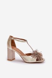 Laura Messi Women’s Gold Leather Sandals with Heel and Decorative Front