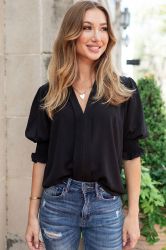 Black Solid Color Half Sleeve V Neck Blouse