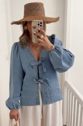 Denim Blouse with Tie Front and Relaxed Fit