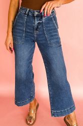 High Waist Wide Leg Denim Jeans with Front Pockets