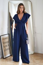 Elegant Navy Blue Jumpsuit with Draped Neckline