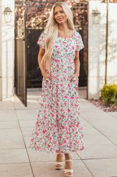 White Floral Maxi Dress with Square Neck and Puff Sleeves
