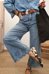 Blue Embroidered High Waist Wide Leg Cropped Jeans
