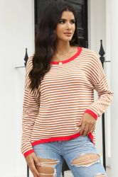 Contrast Trimmed Striped Drop Shoulder Sweater, 100% Cotton