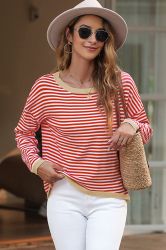 Contrast Trimmed Striped Drop Shoulder Sweater, 100% Cotton