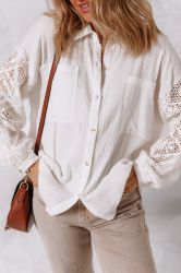 White Button-Up Shirt with Lace Sleeves, 100% Cotton