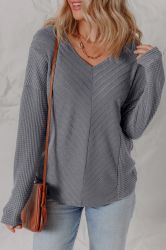 Gray Textured Top with V-Neck and Back Cutout