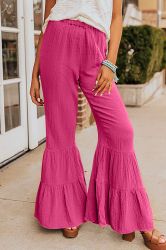 Fuchsia High Waist Ruffled Bell Bottom Pants, 100% Cotton