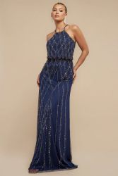Navy Blue Sequin Racer Neck Maxi Dress