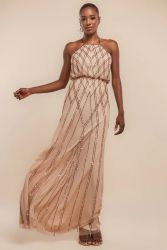 Beige Sequin Racer Neck Maxi Dress