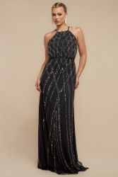 Black Sequin Racer Neck Maxi Dress