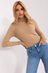 Beige Ribbed Turtleneck Sweater for Women