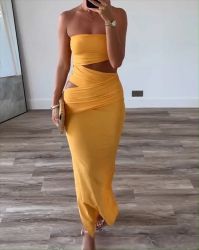 Yellow Strapless Cut-Out Dress with Side Slit