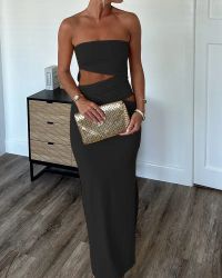 Black Strapless Cut-Out Dress with Side Slit