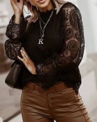 Elegant Black Lace Blouse with Long Sleeves and High Neck