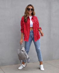 Red Distressed Denim Jacket with Raw Hem