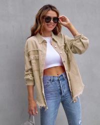 Beige Distressed Denim Jacket with Raw Hem
