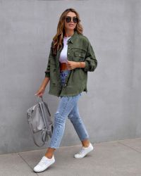 Army Green Distressed Denim Jacket with Raw Hem