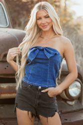 Blue Strapless Denim Bustier with Front Bow Detail