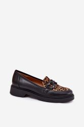 Women’s Leather Moccasins with Leopard Print Accent and Chain Detail