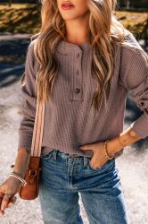 Women's Textured Knit Henley Long Sleeve Top, Ash Purple