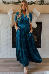 Women's Prussian Blue Velvet Maxi Dress with Short Sleeves