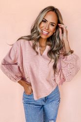 Women's Light Pink Cotton Blouse with V-Neck and Puff Sleeves