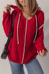 Women's Red Knitted Hoodie Sweater with White Trim