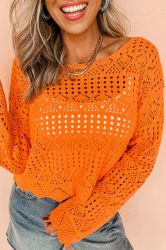 Women’s Orange Knitted Sweater with Openwork Design