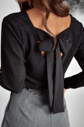 Women's Black Formal Blouse with Open Back and Bow