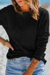 Women’s Black Waffle Knit Long Sleeve Top