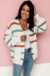 Women’s White Cardigan with Colorful Stripes and Pockets
