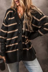 Women’s Black Cardigan with Beige Stripes and Buttons