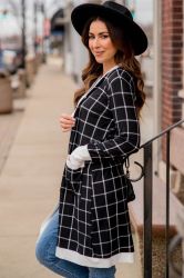 Women’s Black Plaid Colorblock Cardigan with Pockets