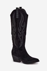 Women’s Black Faux Suede Cowboy Boots with Fringe