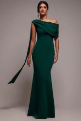 Women's Elegant Long Emerald Green One-Shoulder Draped Evening Dress