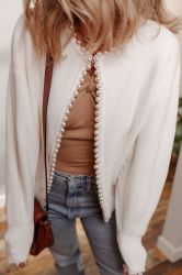 Women’s Delicate White Cardigan with Pearl Details