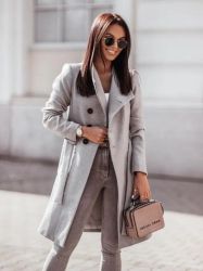 Women’s Elegant Grey Coat with Double-Breasted Design
