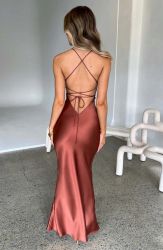 Elegant Rust Satin Maxi Dress with Open Back and Thin Straps