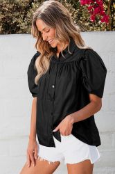 Black Flower Embroidered Hollow-out Puff Sleeve Blouse